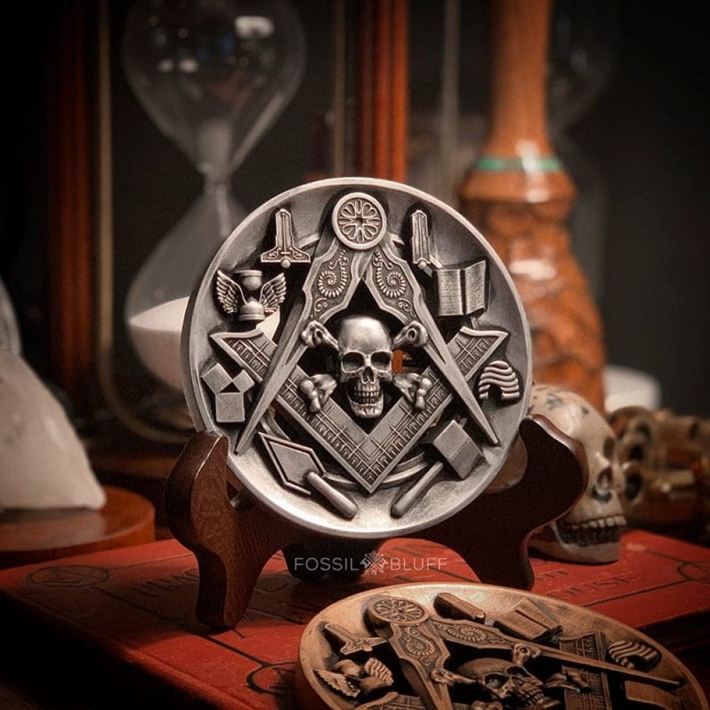 Masonic Working Tools Skull Bones Menento Mori Medallion Shield Fossil Bluff - Vintage Antique Gold Pewter