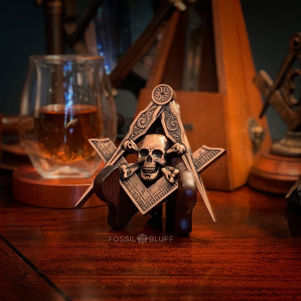 Memento Mori Square Compasses Freemason Masonic Skull Bones Pirate Pewter Antique Gold Walnut Black Wood Easel