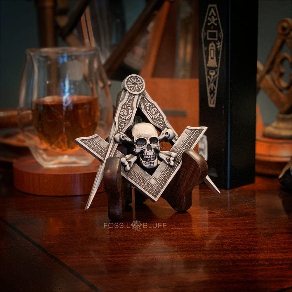Memento Mori Square Compasses Freemason Masonic Skull Bones Pirate Pewter Antique Gold Walnut Black Wood Easel